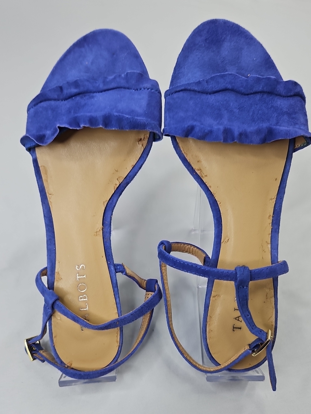 Talbots Cobalt Blue Suede Ruffled Ankle-Strap Low Wedge Sandals Size 7